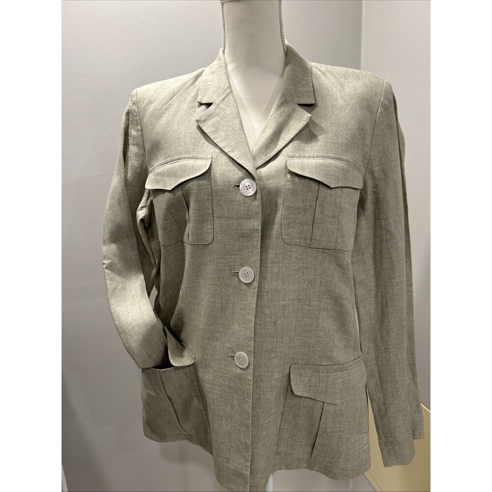Vintage Liz Claiborne Linen Button Down Shirt Size 14 Long Sleeve Beige/gray